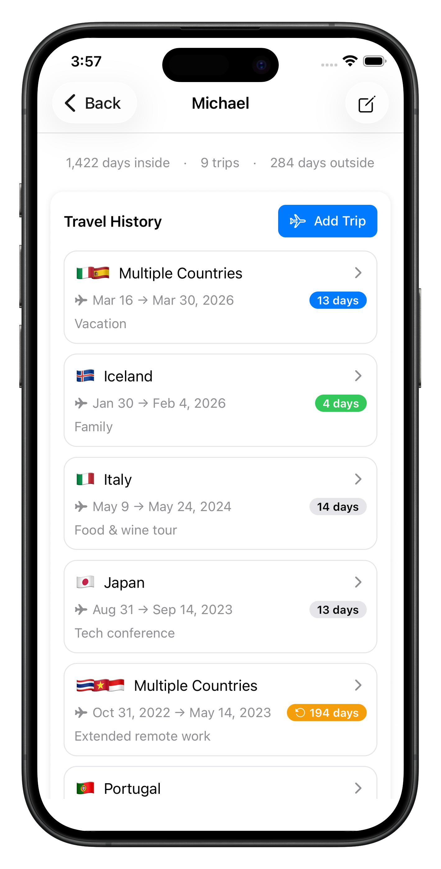 Travel history with trip durations